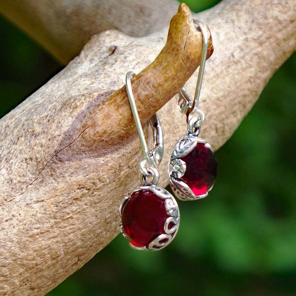 Recycled Vintage 1940's Ruby Beer Bottle Sterling Botanical Lever back Earrings - Picture 2 of 4